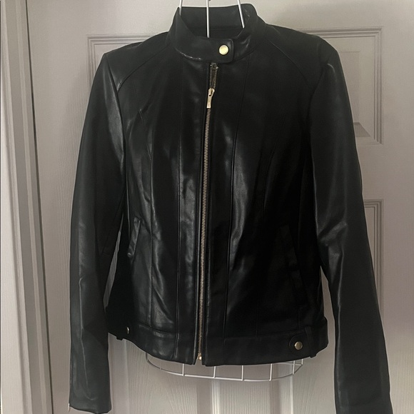 Cole Haan Jackets & Blazers - Cole Haan Black Leather Feel Biker Jacket with Gold Accents Zipper
